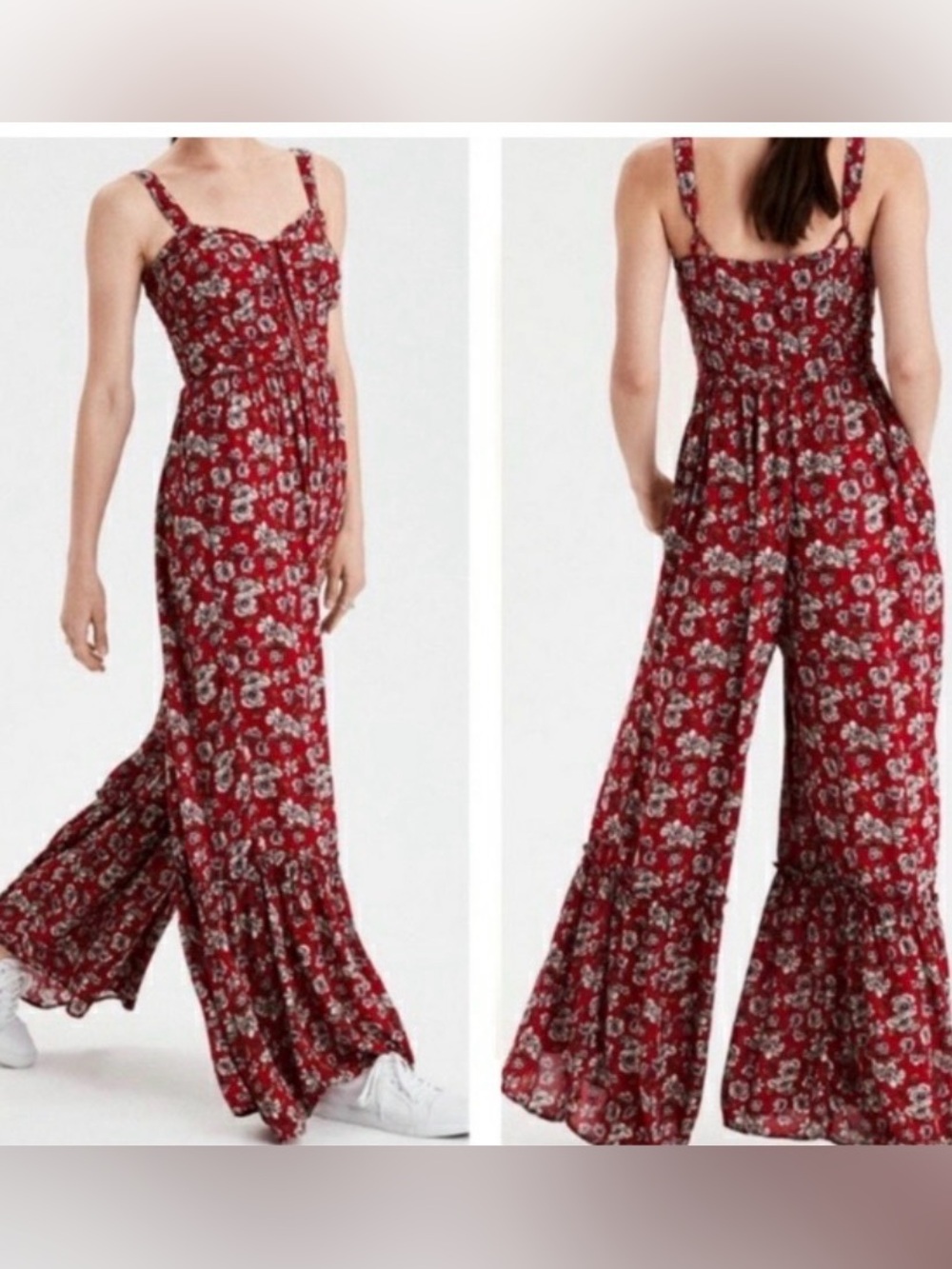 American Eagle Floral Wide Leg Jumpsuit Red – Size 2